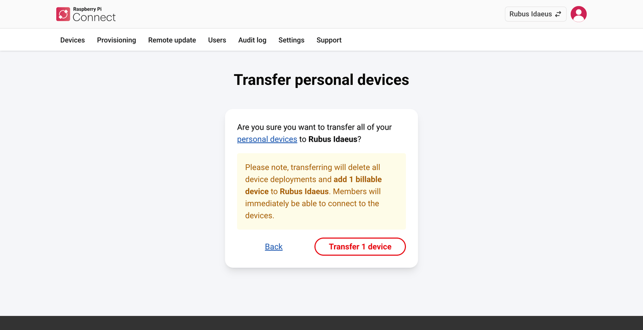 The Raspberry Pi Connect interface, checking whether you want to import devices to an organisation Connect account.
