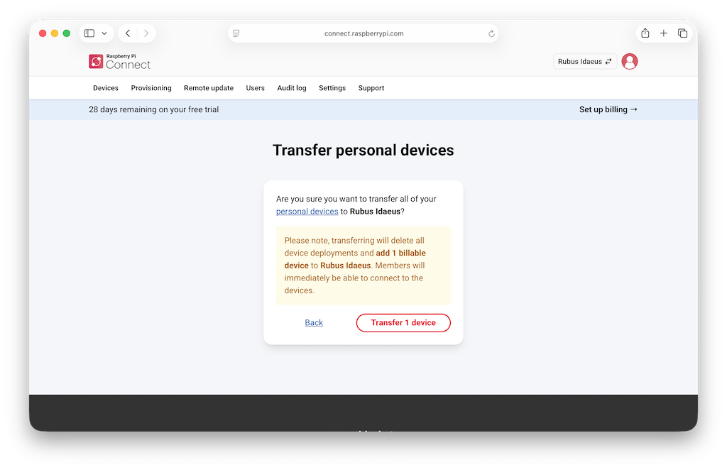 The Raspberry Pi Connect interface, checking whether you want to import devices to an organisation Connect account.