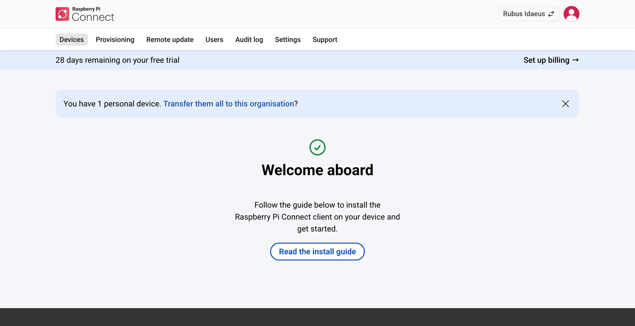 The Raspberry Pi Connect interface, showing a link for importing Raspberry Pi devices from a personal Connect account to an organisation Connect account.