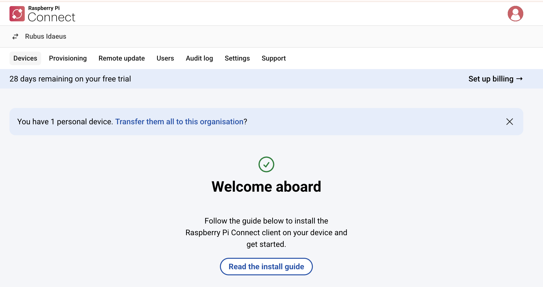 The Raspberry Pi Connect interface, showing a link for importing Raspberry Pi devices from a personal Connect account to an organisation Connect account.