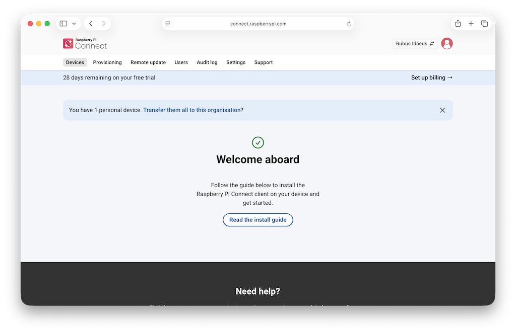The Raspberry Pi Connect interface, showing a link for importing Raspberry Pi devices from a personal Connect account to an organisation Connect account.