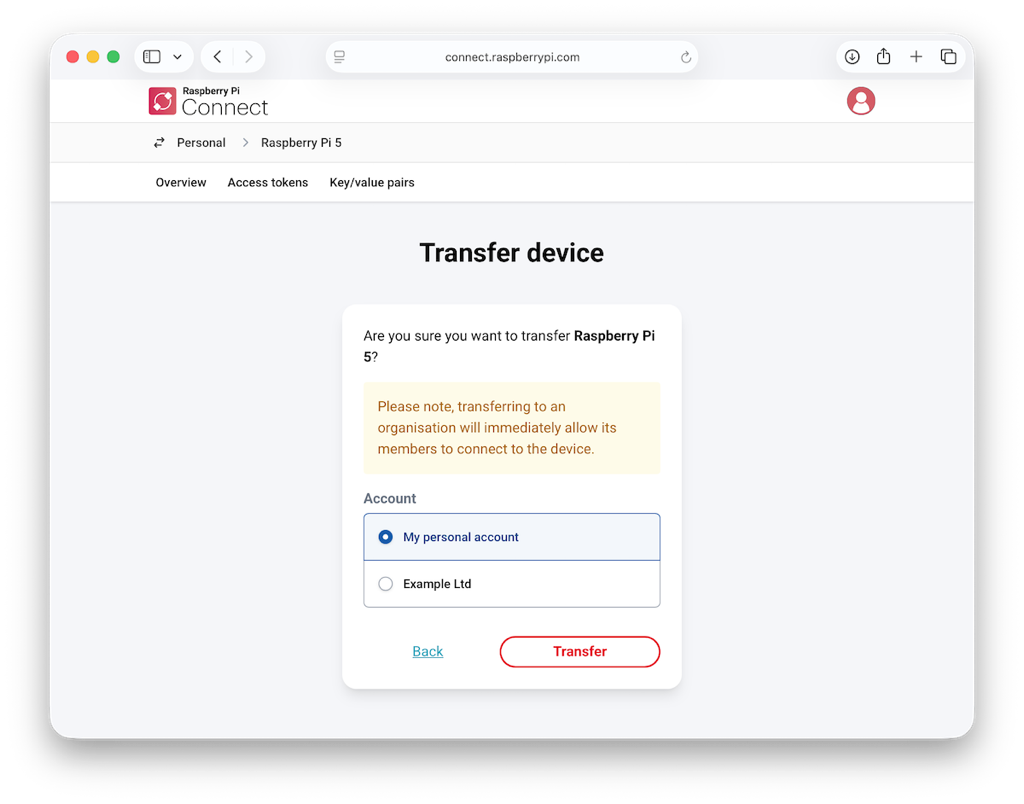 The Raspberry Pi Connect interface, showing the accounts to which a device can be transferred.