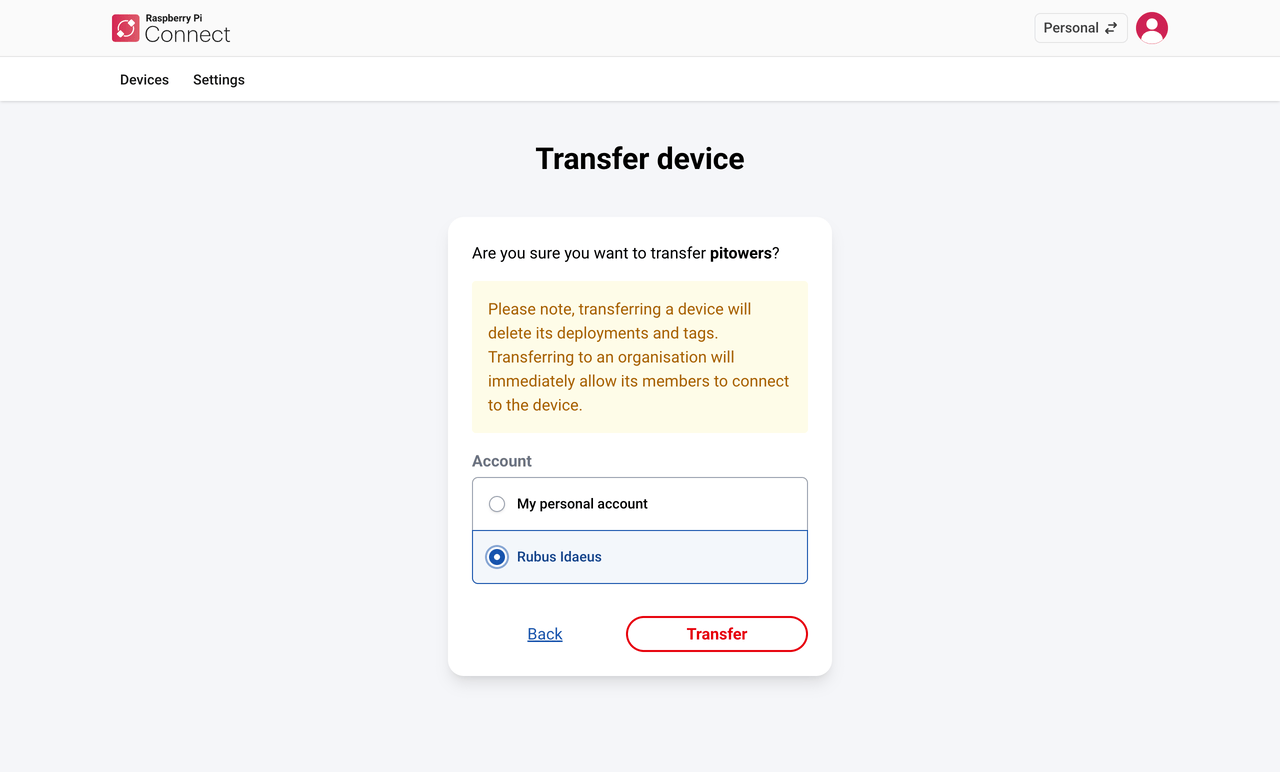 The Raspberry Pi Connect interface, showing the accounts to which a device can be transferred.