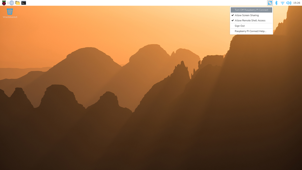 The Connect interface, showing the Turn Off Raspberry Pi Connect dropdown menu option.