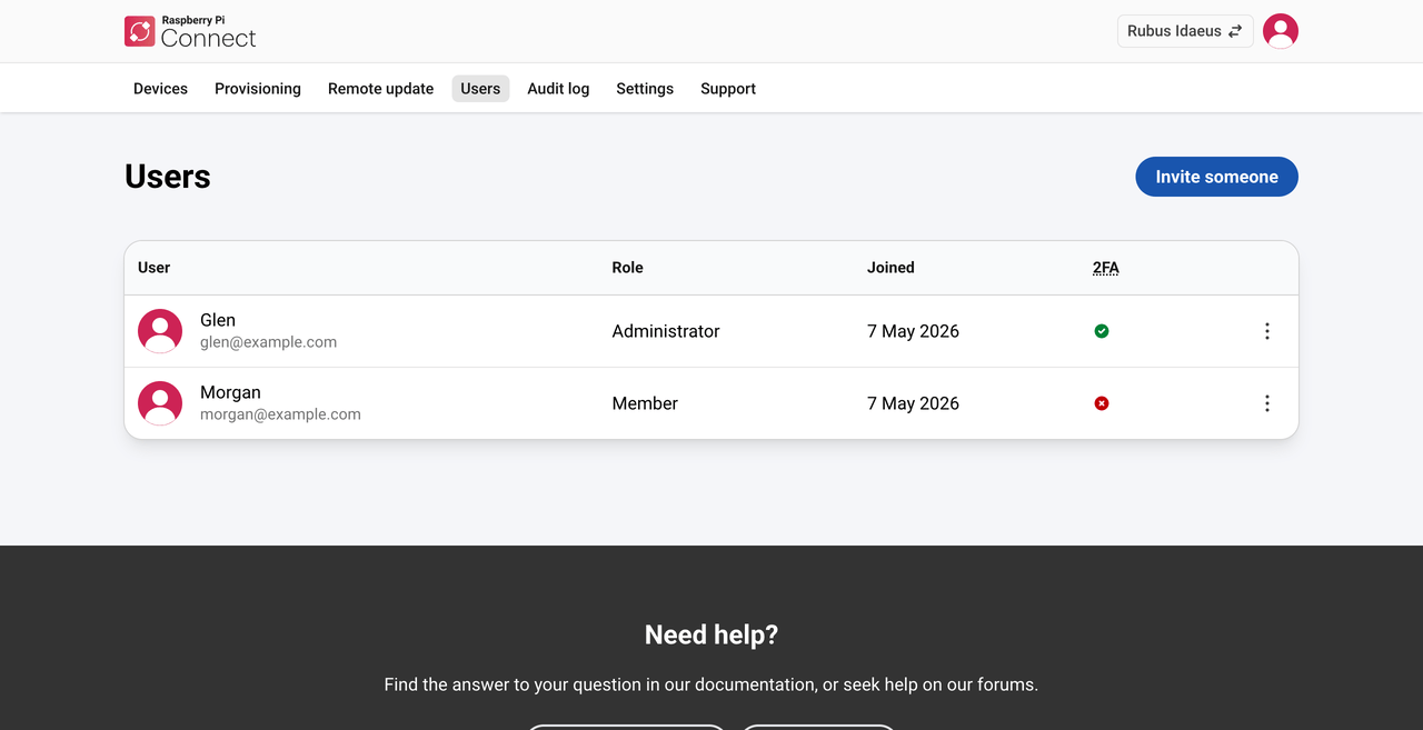 The Raspberry Pi Connect interface, showing users associated with an organisation Connect account.