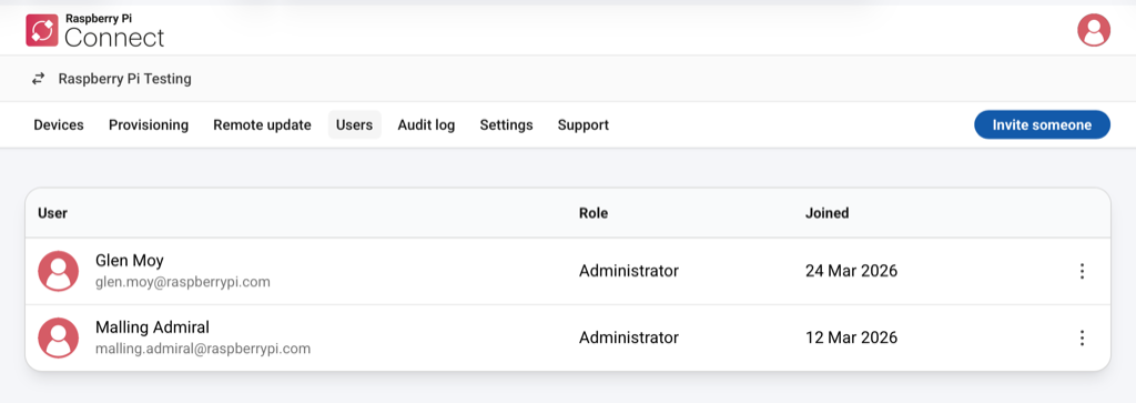 The Raspberry Pi Connect interface, showing users associated with an organisation Connect account.