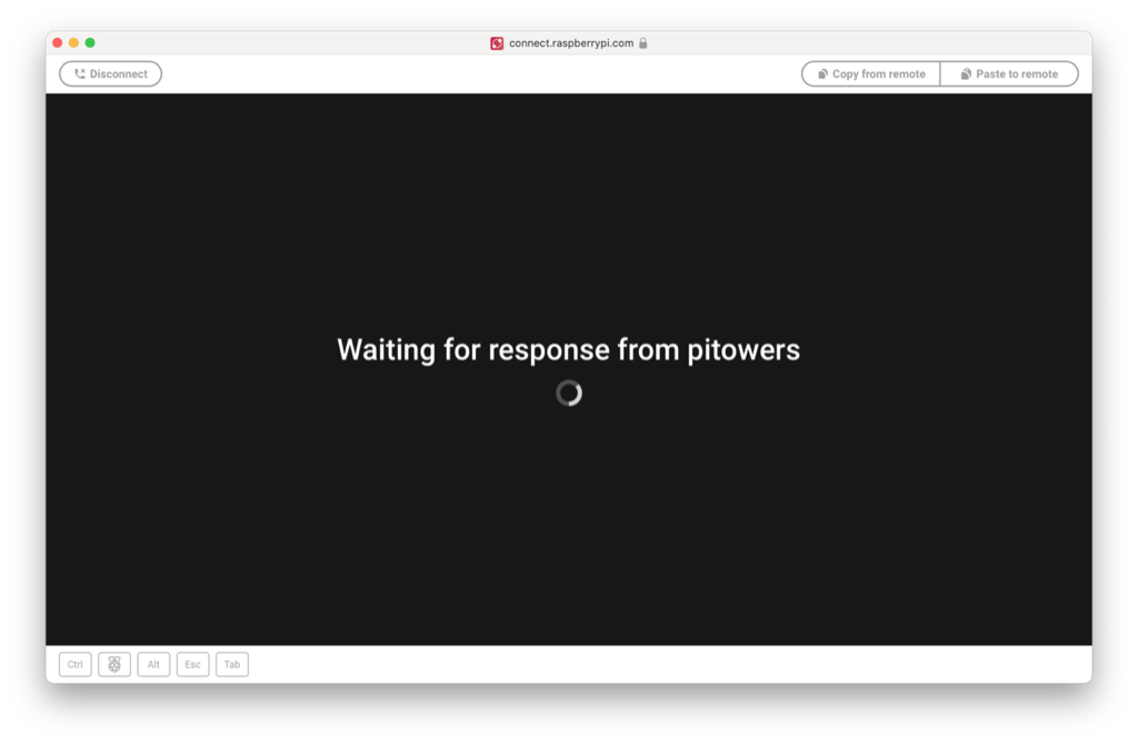 A browser window open with a message indicating that a response is being awaited from the Raspberry Pi device.