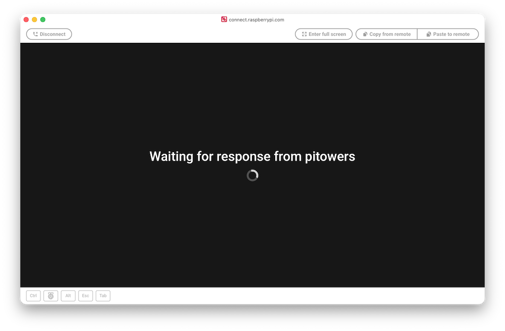 A browser window open with a message indicating that a response is being awaited from the Raspberry Pi device.