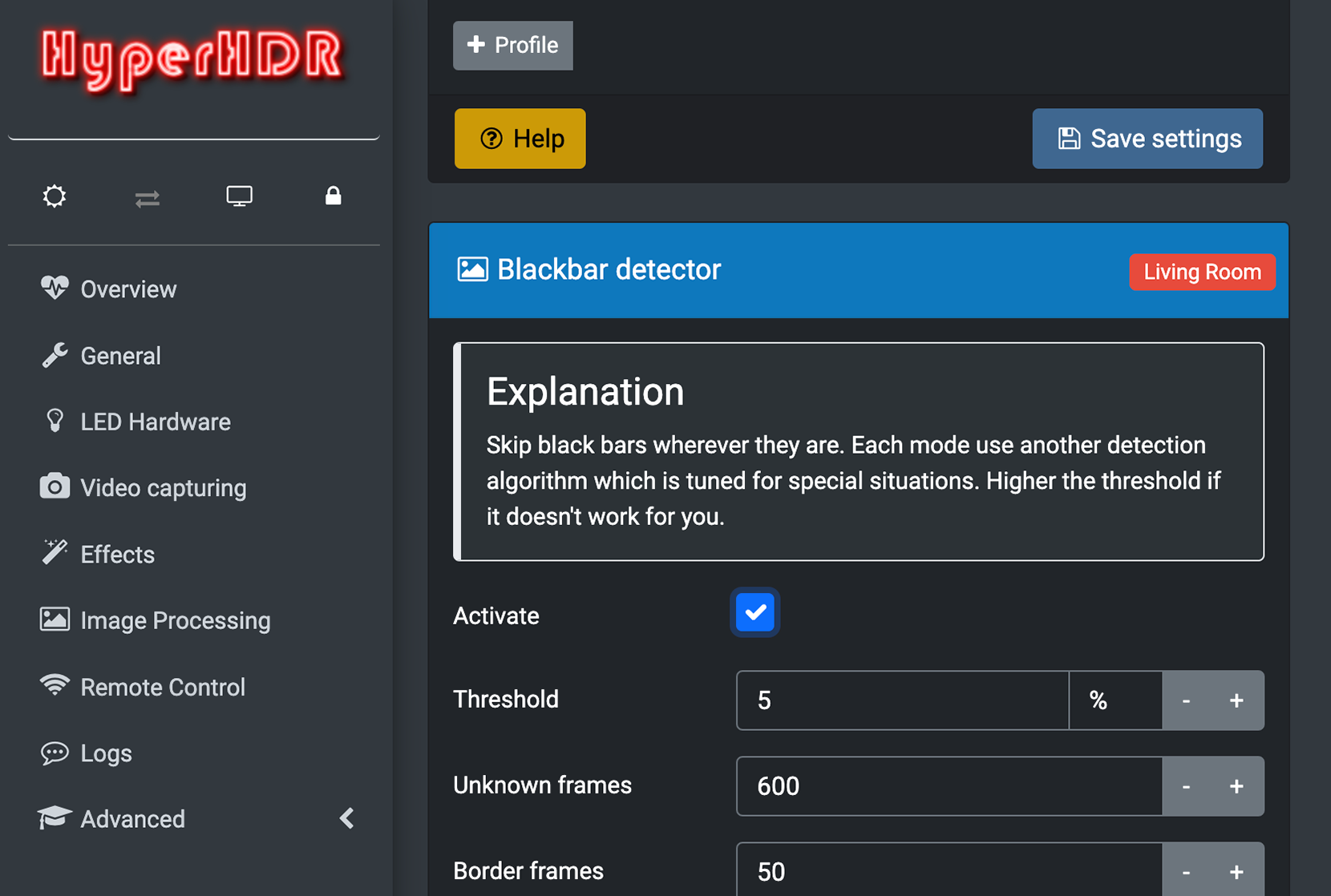 Enable Blackbar detection on the HyperHDR dashboard