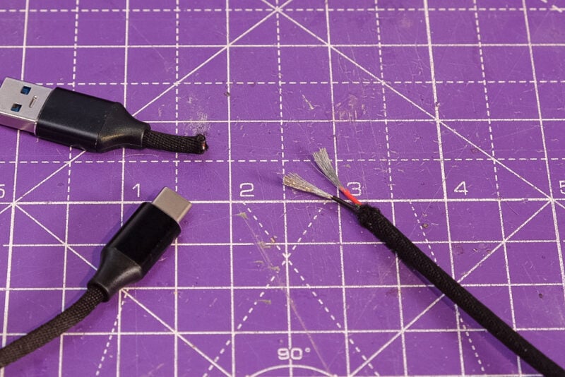 Stripping the wires near the severed USB-A end of the microUSB or USB-C cable