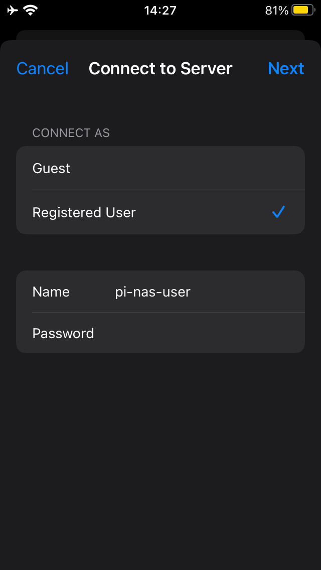 Entering credentials for NAS storage using iOS Files