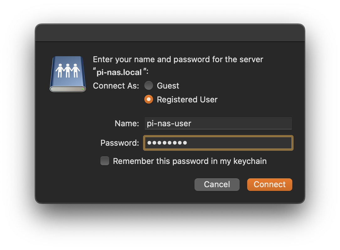 Entering credentials for NAS storage using macOS Finder